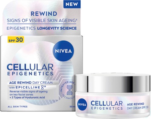 Nivea Cellular Epigenetics Age Rewind Day Cream med SPF 30 i silverfärgad behållare och box, framhäver föryngrande fördelar.
