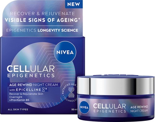Nivea Cellular Epigenetics Age Rewind Night Cream, förpackning och burk i blått med vita och silver detaljer.