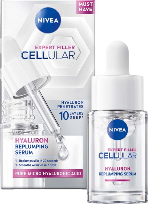 Eine Flasche Nivea Hyaluronsäure aufpolsterndes Serum mit Pipette und Verpackung, die Produkteigenschaften zeigt.