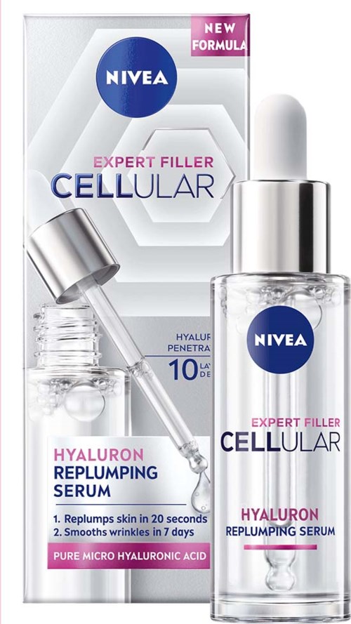 Nivea serum met hyaluronzuur in een doorzichtige fles met pipet, voor huid verzachten en hydrateren.