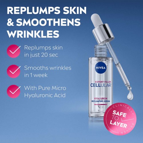 Nivea huidverzorgingsproduct met pipet, beweert huid en rimpels te verbeteren met hyaluronzuur.