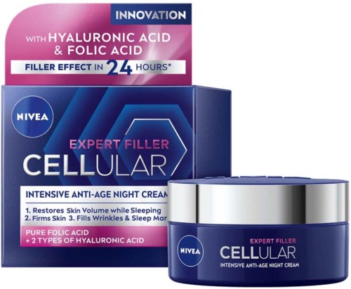 Nivea Cellular Expert Filler nachtcrème met hyaluronzuur en foliumzuur, beweert huid te herstellen, rimpels te verminderen en lijnen op te vullen.
