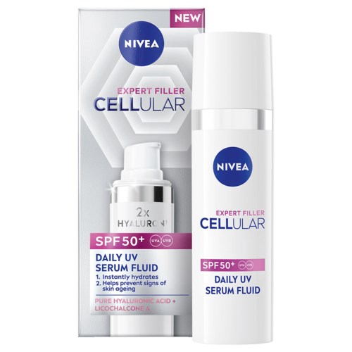 Nivea aurinkovoide, SPF 50+, UV-suoja, valkoinen pullo, päivittäiseen ihon kosteutukseen ja ikääntymisen ehkäisyyn.