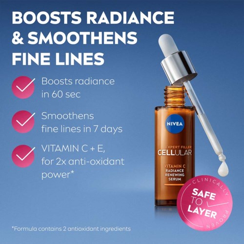 Nivea Serumflasche mit Tropfer, die Vorteile wie mehr Ausstrahlung, glatte feine Linien und Vitamin-Power hervorhebt.