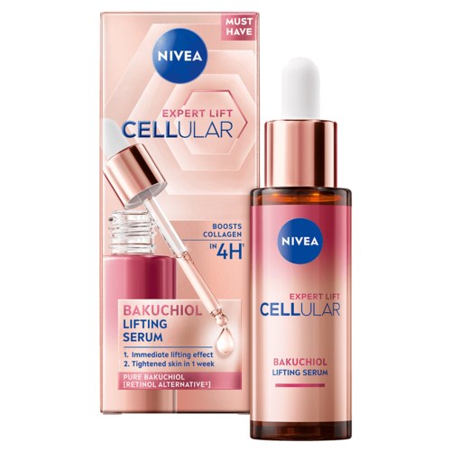 En hudvårdsprodukt med en pipett, rosa flaska och förpackning som främjar anti-aging och lyftande effekter.