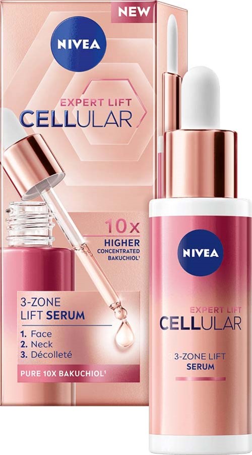 NIVEA Expert Lift Cellular serum med dropper, rosa och vit flaska, påstår sig lyfta ansikte, nacke och dekolletage.