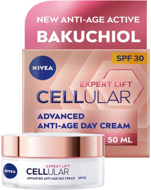Nivea anti-aging kasvovoide nimeltä Cellular Expert Lift, pienessä purkissa, SPF 30, päivittäiseen käyttöön.