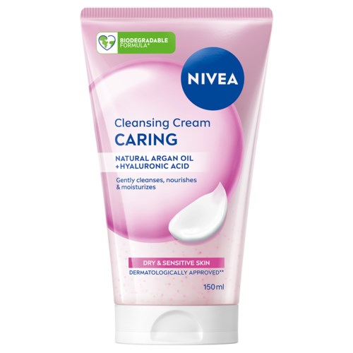 Vaaleanpunainen puteli NIVEA puhdistusvoidetta herkälle iholle, sisältää luonnollisia öljyjä, hyaluronihappoa ja biohajoavan koostumuksen.
