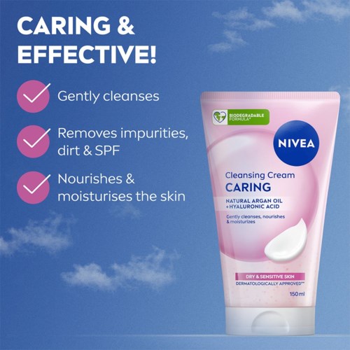Nivea puhdistusvoide kuivalle iholle, sisältää luonnollisia öljyjä ja hyaluronihappoa, puhdistaa, poistaa lian ja kosteuttaa.
