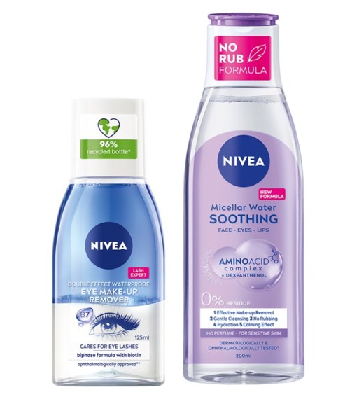 Two bottles of Nivea skincare products, one eye makeup remover and one soothing micellar water.