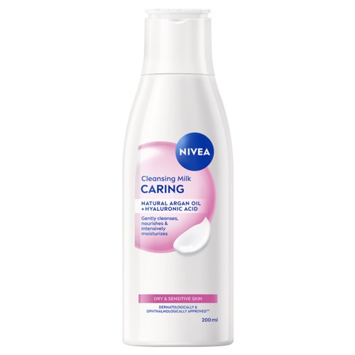 Valkoinen Nivea puhdistusmaito pullo, jossa pinkki ja sininen etiketti, mainiten luonnollinen arganöljy ja hyaluronihappo.
