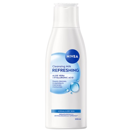 A white bottle of Nivea cleansing milk with blue and white label, indicating it's for refreshing skin with aloe vera and hyaluronic acid.