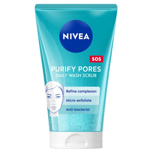 Blauwe tube Nivea Purify Pores Daily Wash Scrub met gezichtillustratie en productvoordelen opgesomd.