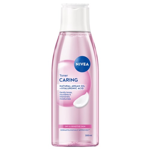 Een roze fles Nivea toner voor verzorging, met natuurlijke arganolie en hyaluronzuur, voor gevoelige huid.