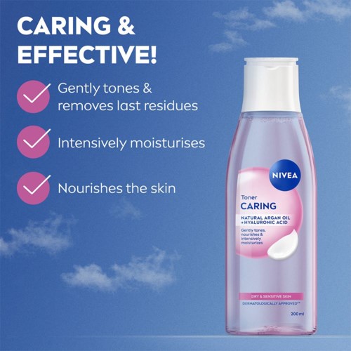 Nivea tonerfles voor droge en gevoelige huid met natuurlijke arganolie en hyaluronzuur. Beweert mild, hydraterend en voedend.
