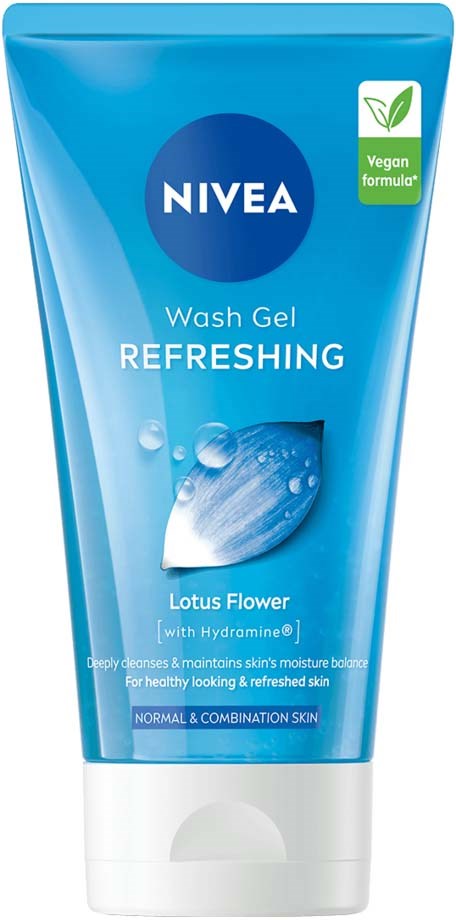 Blauwe tube Nivea Refreshing Wash Gel met lotusbloem en hydramine voor normale en gecombineerde huid.