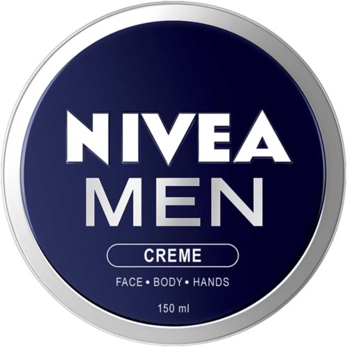 Ein runder Behälter mit blauer Aufschrift 'Nivea Men Creme' für Gesicht, Körper und Hände, 150 ml.