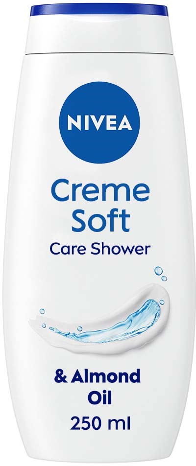 Een witte flesje Nivea Creme Soft Care Shower met blauwe dop, gelabeld met amandelolie, 250 ml.