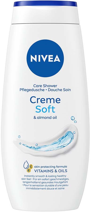 NIVEA Creme Soft douche in een witte fles met blauwe dop, met een waterarrangement en productinformatie.