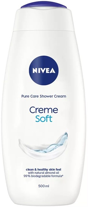 Nivea Creme Soft shower cream bottle, white with blue cap, 500ml, promotes healthy skin and natural almond scent.