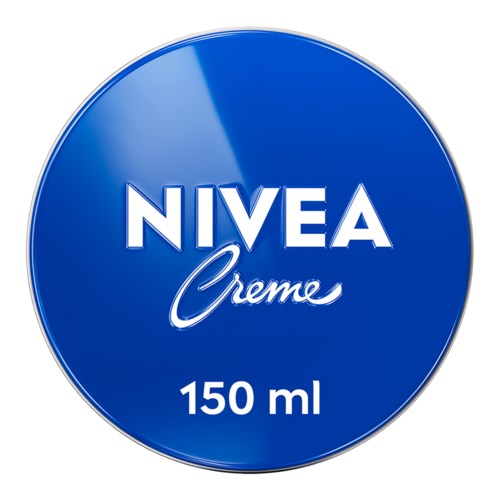 Pyöreä sininen Nivea Creme -logo, jossa on valkoinen teksti, ja siinä lukee 150 ml.