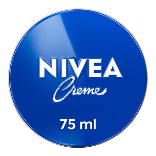 Pyöreä sininen kansilaatta, jossa valkoinen teksti: NIVEA Creme, 75 ml.