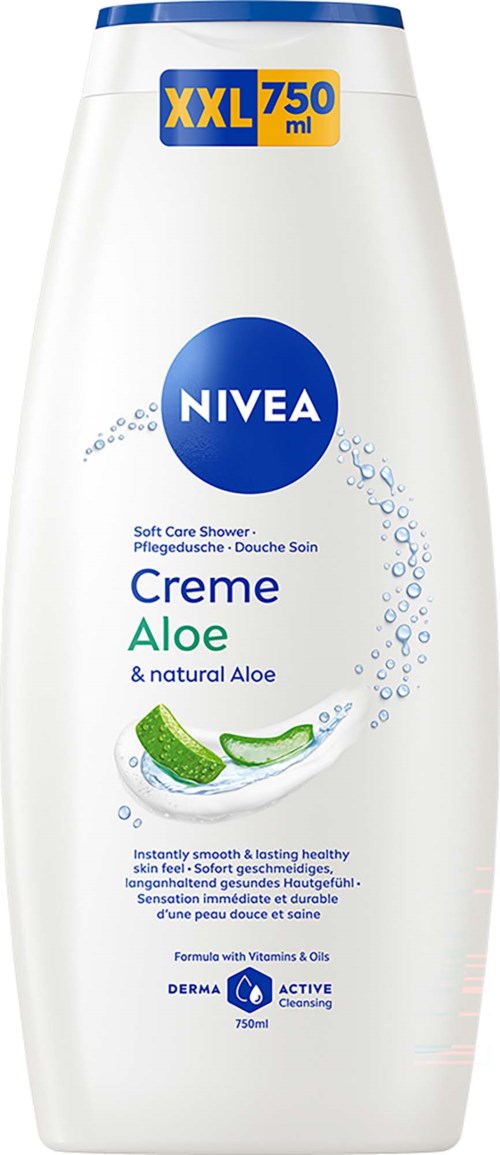 NIVEA aloe dusjsåpe i hvit flaske med blå, grønne og gule etiketter, og et bilde av aloe og lime.