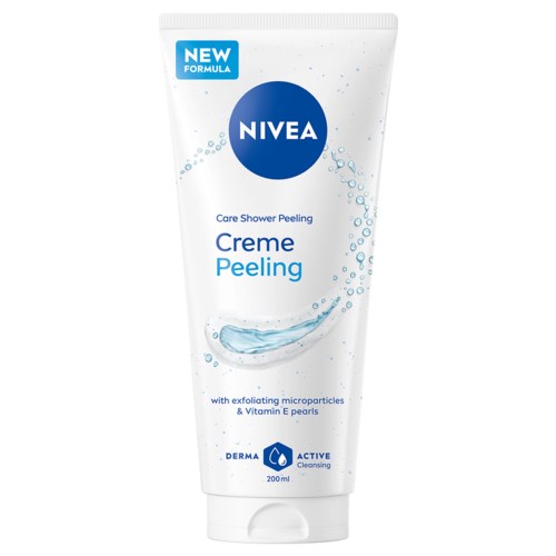 Een witte tube met blauwe en zwarte tekst, met NIVEA, Care Shower Peeling, en water splash grafiek, 200ml.