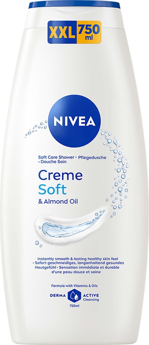 Iso suuri valkoinen pullo Nivea Creme Soft suihkugeeliä manteliöljyllä, XXL 750 ml, sininen ja keltainen merkki.