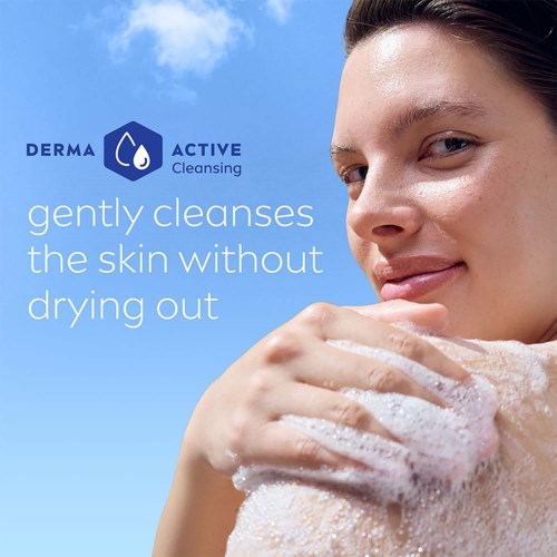 Logo ja teksti, joka mainostaa Derma Active Cleansingin hellävaraista ihon puhdistusta ilman kuivumista.