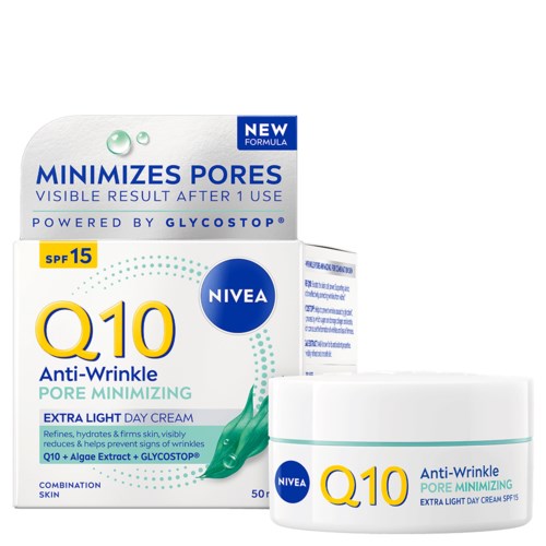 Nivea Q10 anti-rimpel dagcrème in klein potje en doos, beweert poriën en rimpels te verminderen.
