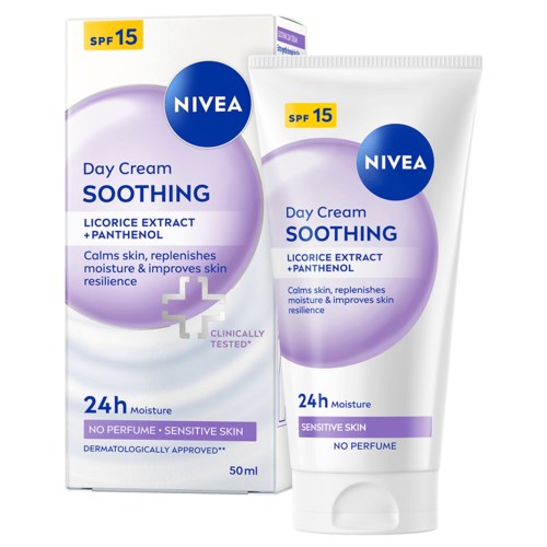 Nivea dagkräm lugnande med SPF 15, lakrits-extrakt och panthenol för känslig hud, 50 ml, kliniskt testad.