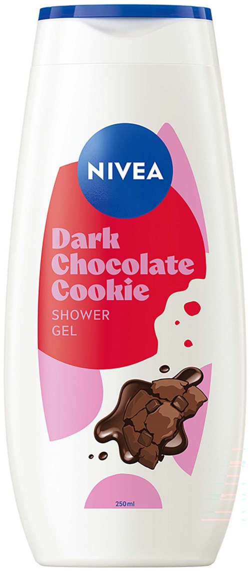 Nivea suihgelipullossa on mokkakeksin tuoksu, ja se sisältää pinkkejä ja violetteja design-elementtejä sekä keksin kuvan.