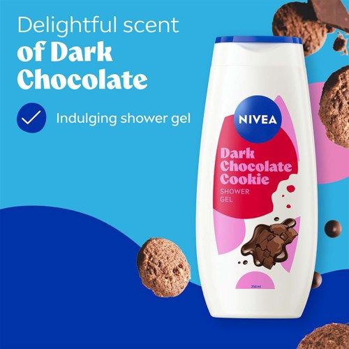 NIVEA suihgelipullo, jossa on tumman suklaakakun tuoksu, värikkäällä taustalla keksiä.