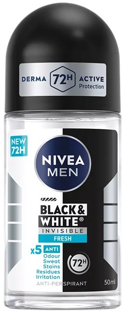 Eine klare Flasche Nivea Men Deodorant mit schwarzem Deckel, gekennzeichnet für 72 Stunden Schutz und Frische.