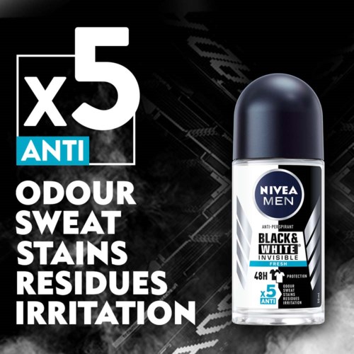 NIVEA Men Deo behauptet, fünf Arten von Geruch, Schweiß, Flecken, Rückständen und Irritationen zu bekämpfen und bietet 48-Stunden-Schutz.