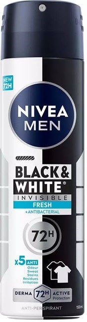 En svart och vit förpackning av Nivea Men deodorant med frisk doft, 72 timmars skydd och antibakteriella egenskaper.