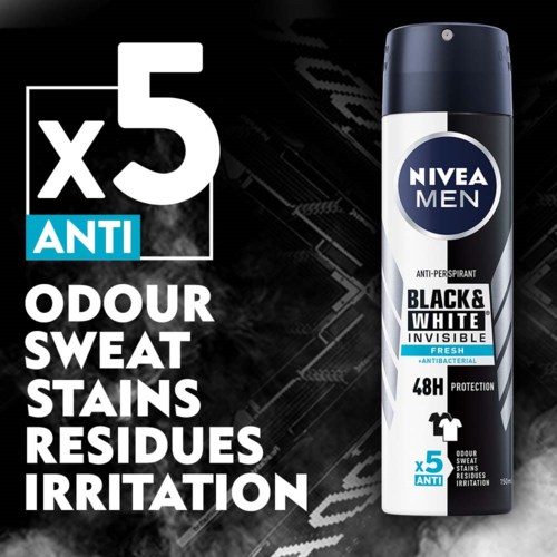 Nivea Men deodorant med svartvitt design, sägs bekämpa fem luktorsaker, svett, fläckar och irritation, 48 timmars skydd.