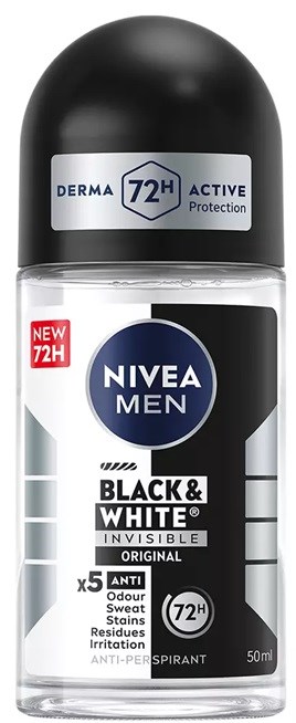 Een Nivea Men deodorant sprayfles met zwart-wit ontwerp en een blauwe logo.