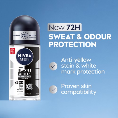 Een Nivea deodorant spray met claims van 72 uur zweet- en geur bescherming, tegen gele vlekken en huidvriendelijk.