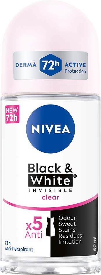 Een doorzichtige Nivea roll-on deodorantfles met roze, zwarte en blauwe labels, biedt 72 uur bescherming.