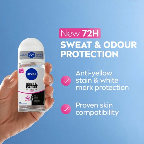 Nivea deodorant belooft 72 uur bescherming tegen zweet en geur, tegen gele vlekken en is huidveilig.