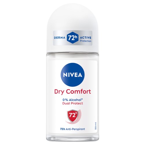 Nivea-deodoranttipullo, jossa lukee 'Dry Comfort', 72 tunnin suoja, 0% alkoholia ja kaksinkertainen suoja.