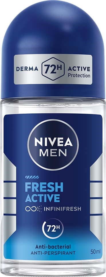 Nivea Men Fresh Active roller deodorant fles, blauw en wit, vermeldt 72 uur bescherming, antibacterieel, 50ml.