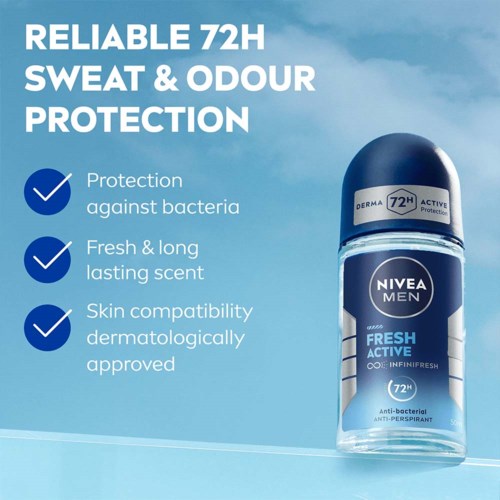 Advertentie toont een mannen deodorant die 72 uur bescherming biedt, antibacterieel, langdurige geur en huidvrijspraak.