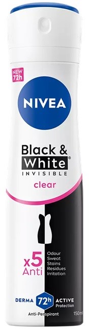 En NIVEA Black & White Invisible Clear antiperspirant spray med 72 timmars skydd, rosa och svart design och fem anti-fläckfunktioner.