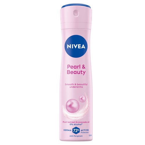 En rosa Nivea roll-on med pärlor och avokadoolja för mjuka armhålor, ger 72 timmars skydd.