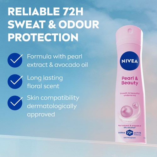 Nivea Pearl & Beauty deodorant ger 72 timmars svett- och odörskydd med pärlextrakt och avokadoolja.