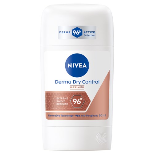 Nivea Derma Dry Control deodoranttikku, joka tarjoaa 96 tunnin suojan ja aktiivisen hikipäivän. Valkoinen pullo, jossa sininen logo.