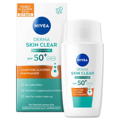 Nivea aurinkovoidepullo ja laatikkokuvake, SPF 50+, puhdas iho, ja ainesosia kuten glyseriini.